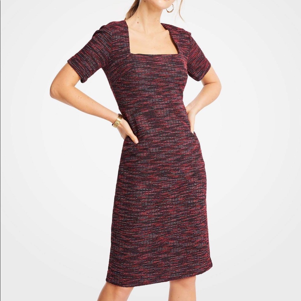 Ann Taylor Tweed Square Neck Office Midi Dress